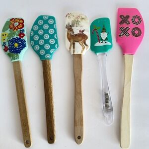Silicone colorful Spatula Set Floral Design Wooden Handle Baking Cooking holiday